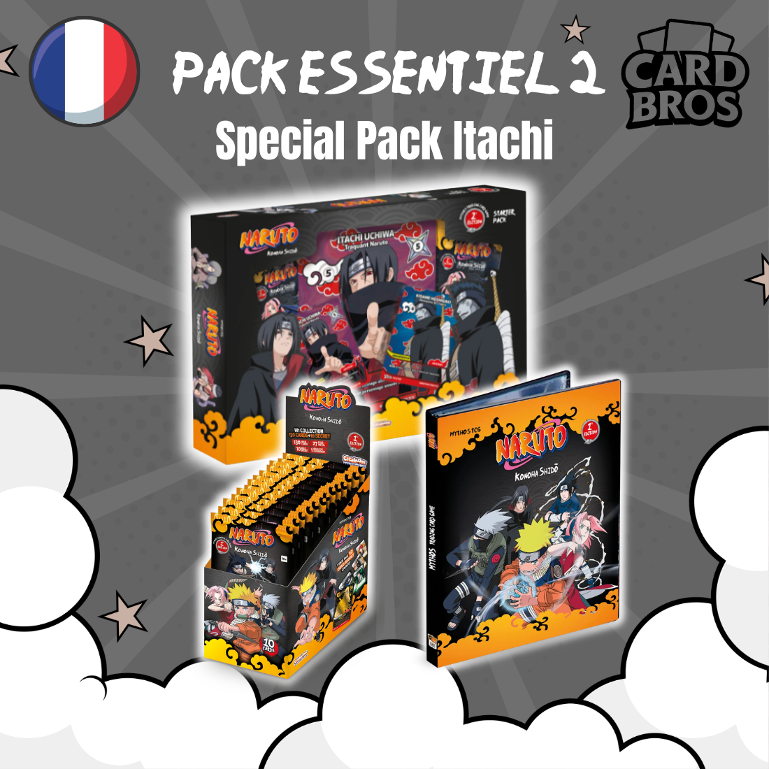 PRECOMMANDE - Pack Essentiel 2 | Naruto Mythos TCG | 1er chapitre : Konoha Shidō | Special Pack Itachi (FR)